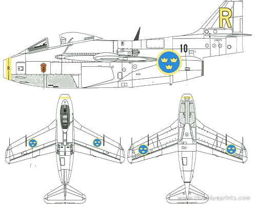 Saab J-29E Tunnan aircraft - drawings, dimensions, figures