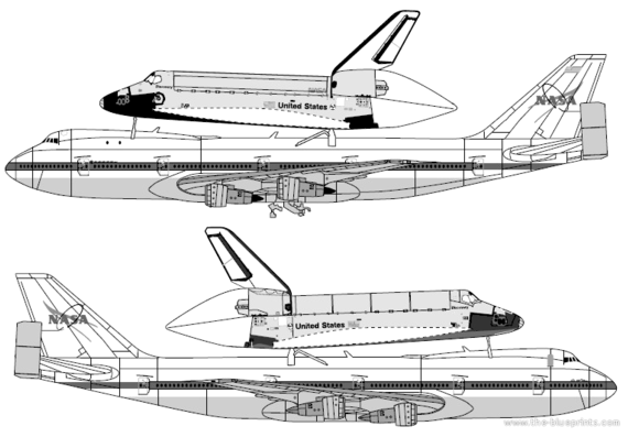 Самолет Space Shuttle & Boeing 747 - чертежи, габариты, рисунки
