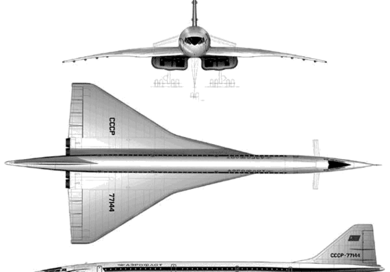 Самолет Туполев Tu-144 Supersonic Airliner - чертежи, габариты, рисунки