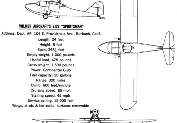 Самолет Volmer VJ-22 Sportsman - чертежи, габариты, рисунки