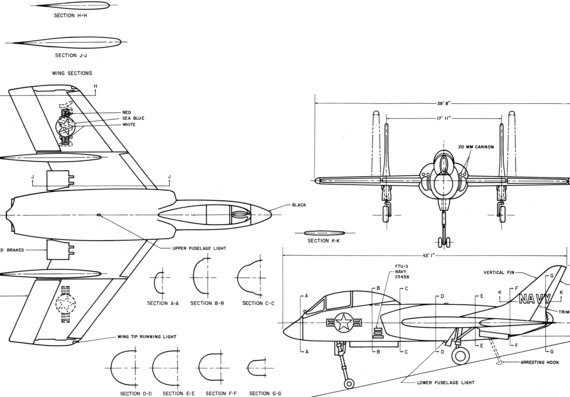 Самолет Vought F7U-3 Cutlass - чертежи, габариты, рисунки
