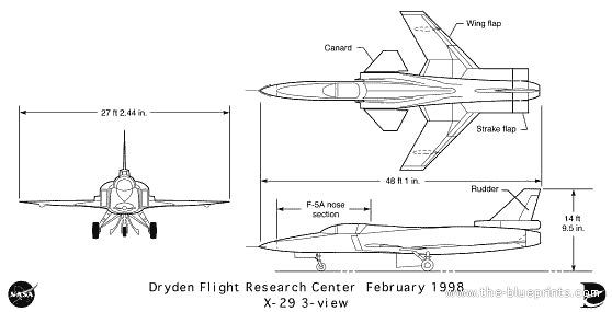 X-29 aircraft - drawings, dimensions, figures
