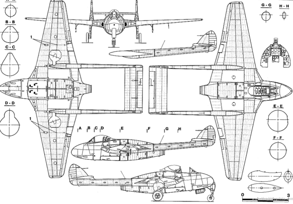 Самолет de Havilland DH.100 Vampire - чертежи, габариты, рисунки
