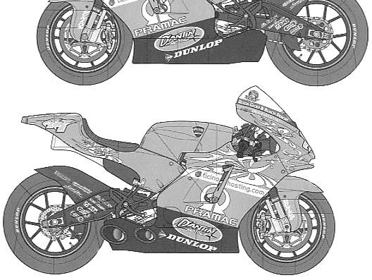 Dantin Pramac Ducati GP4 motorcycle - drawings, dimensions, figures