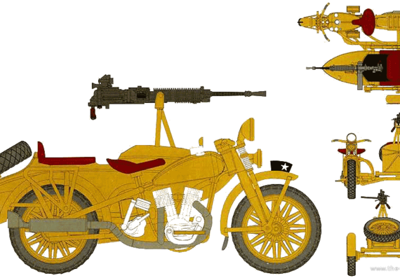 IJA Rikuo + Type 92 MG motorcycle - drawings, dimensions, figures