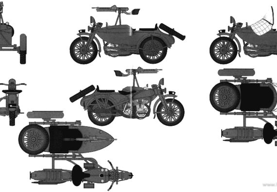 Мотоцикл IJA Type 97 Motorcycle Rikuo + Sidecar - чертежи, габариты, рисунки