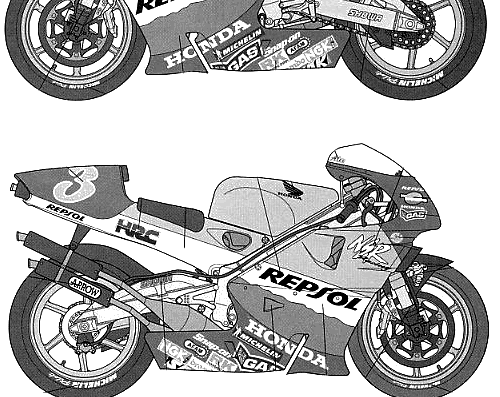Мотоцикл Repsol Honda NSR 500 (1999) - чертежи, габариты, рисунки