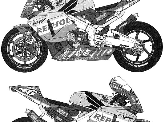 Мотоцикл Repsol Honda RC211V - чертежи, габариты, рисунки