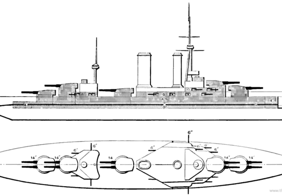 BACH Almirante Latorre (Battleship ex HMS Canada) - Chile (1923) - drawings, dimensions, pictures