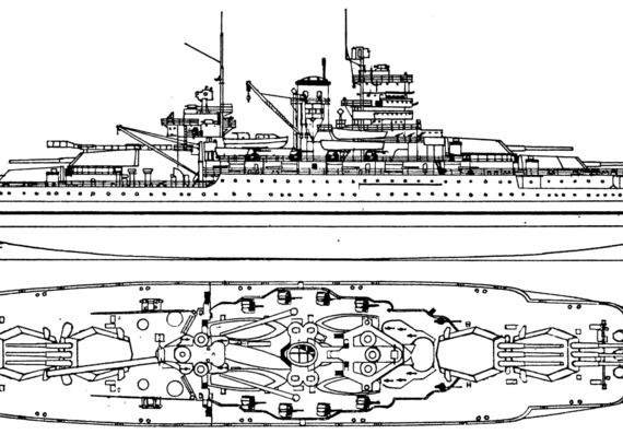 Боевой корабль BB-40 USS New Mexico (1944) - чертежи, габариты, рисунки