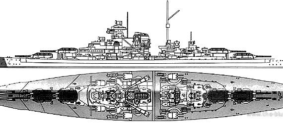 Боевой корабль DKM Bismarck - чертежи, габариты, рисунки