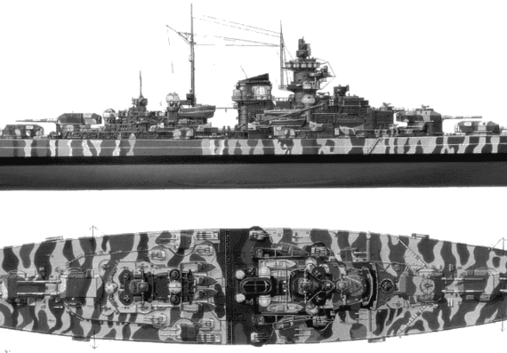 Корабль DKM Tirpitz (1942) - чертежи, габариты, рисунки