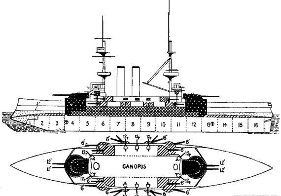 Боевой корабль HMS Canopus (Battleship) (1900) - чертежи, габариты, рисунки