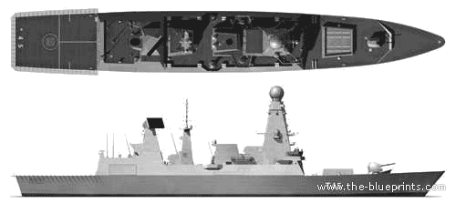 Боевой корабль HMS Daring Type 45 Class Destroyer - чертежи, габариты, рисунки