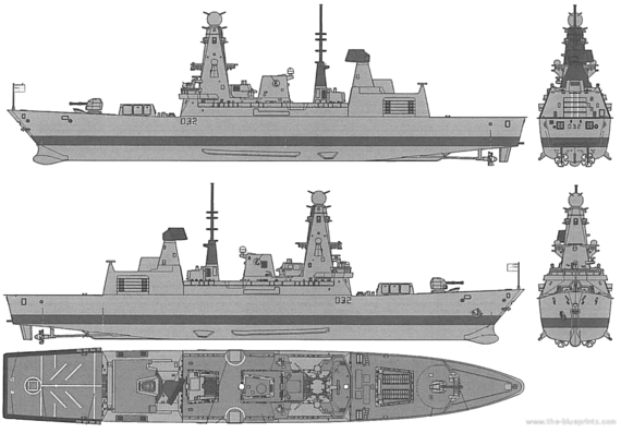 Эсминец HMS Daring (Type 45 Destroyer) - чертежи, габариты, рисунки