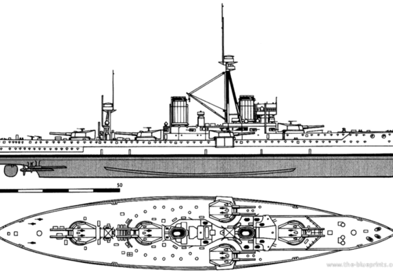 Корабль HMS Dreadnought (Battleship) (1909) - чертежи, габариты, рисунки
