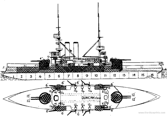 Combat ship HMS Duncan (Battleship) (1905) - drawings, dimensions, pictures