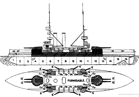 Боевой корабль HMS Formidable (Battleship) (1902) - чертежи, габариты, рисунки