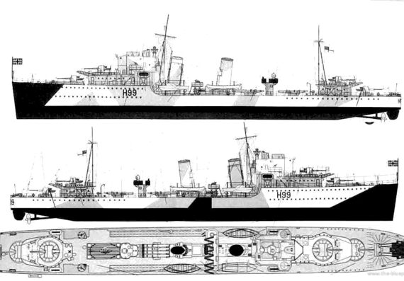 Корабль HMS Hero H99 (Destroyer) - чертежи, габариты, рисунки