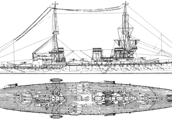 Боевой корабль HMS Indomitable (Battleship) (1906) - чертежи, габариты, рисунки