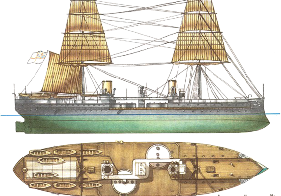 Боевой корабль HMS Inflexible 1876 (Ironclad Battleship) - чертежи, габариты, рисунки