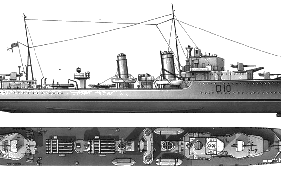 Корабль HMS Intrepid D10 (Destroyer) (1940) - чертежи, габариты, рисунки