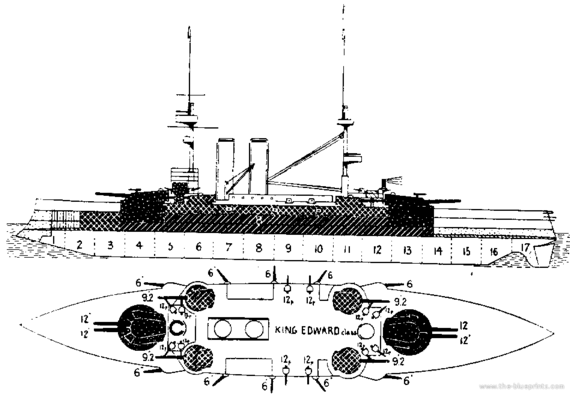 Корабль HMS King Edward VII (Battleship) (1907) - чертежи, габариты, рисунки
