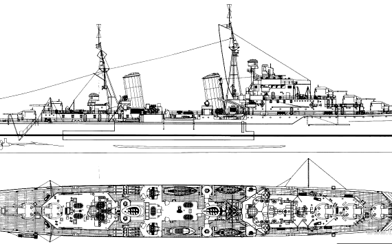 Корабль HMS Naiad (AA Light Cruiser) (1940) - чертежи, габариты, рисунки