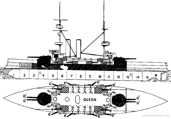 Боевой корабль HMS Queen (Battleship) (1906) - чертежи, габариты, рисунки