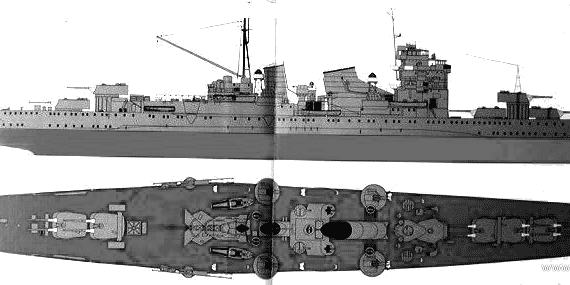 Боевой корабль IJN Ashigara (Myoko Class Heavy Cruiser) (1937) - чертежи, габариты, рисунки