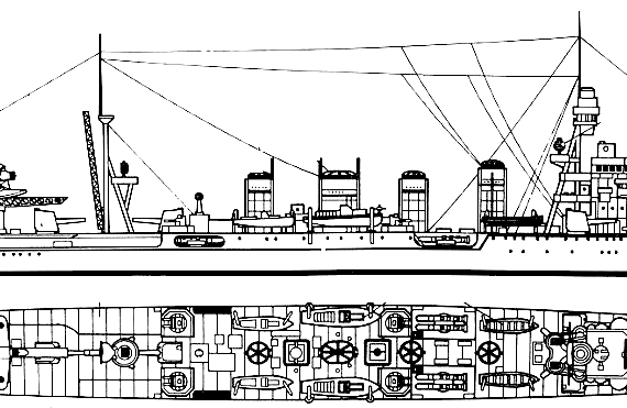 Корабль IJN Jintsu (Cruiser) - чертежи, габариты, рисунки