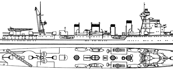 Боевой корабль IJN Jintsu (Cruiser) (1941) - чертежи, габариты, рисунки