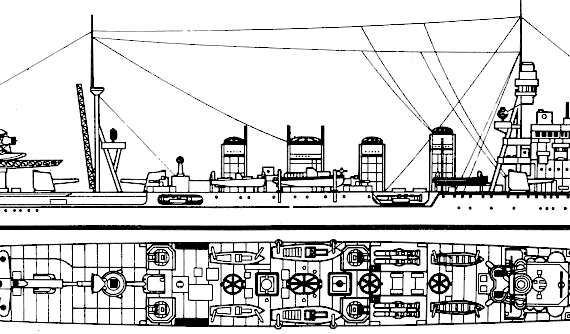Корабль IJN Jintsu (Light Cruiser) - чертежи, габариты, рисунки