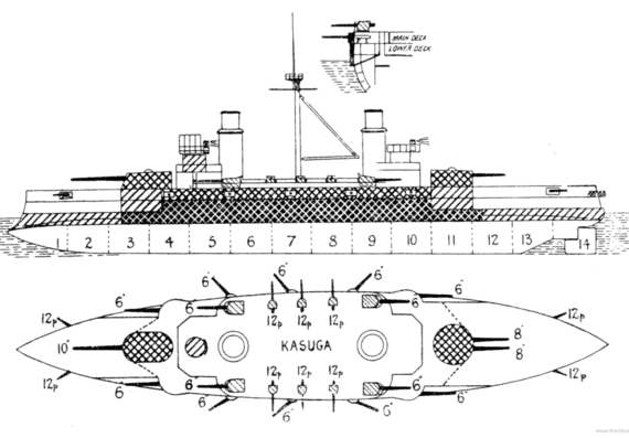 Cruiser IJN Kasuga (Armored Cruiser) (1905) - drawings, dimensions, pictures