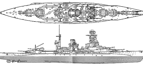 Боевой корабль IJN Mutsu (Battleship) - чертежи, габариты, рисунки