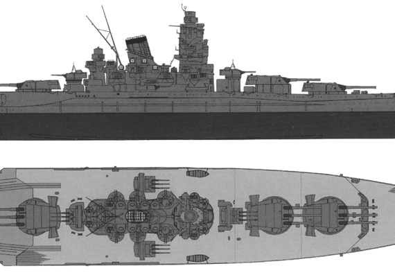 Боевой корабль IJN Yamato (Battleshhip) (1941) - чертежи, габариты, рисунки