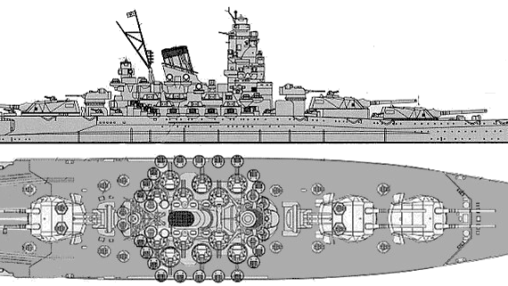 Боевой корабль IJN Yamato (Battleship) (1943) - чертежи, габариты, рисунки