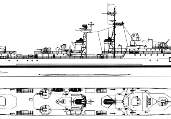 1959 NMF Kersaint D622 destroyer (T 47 Surcouf class Destroyer) - drawings, dimensions, pictures