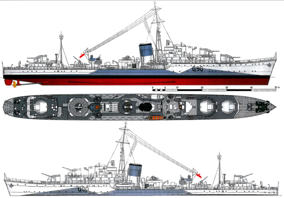 Destroyer ORP Orkan G90 1943 (ex HMS Myrmidon Destroyer) - drawings, dimensions, pictures