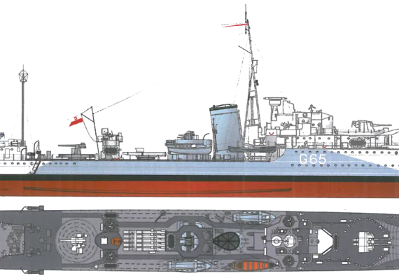 Корабль ORP Piorun G65 (Destroyer) (1942) - чертежи, габариты, рисунки