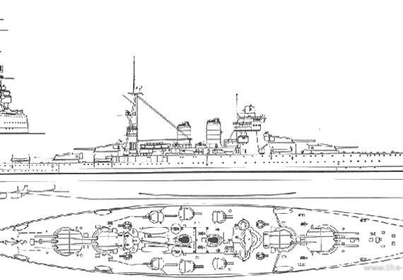 Боевой корабль RN Conte di Cavour - чертежи, габариты, рисунки