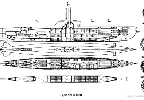 Подводная лодка U-boot Type XXI - чертежи, габариты, рисунки