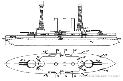 USS BB-10 Maine warship - drawings, dimensions, figures