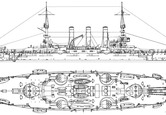Боевой корабль USS BB-21 Kansas 1907 (Battleship) - чертежи, габариты, рисунки