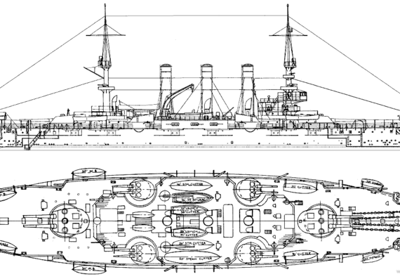 Боевой корабль USS BB-25 New Hampshire 1908 (Battleship) - чертежи, габариты, рисунки