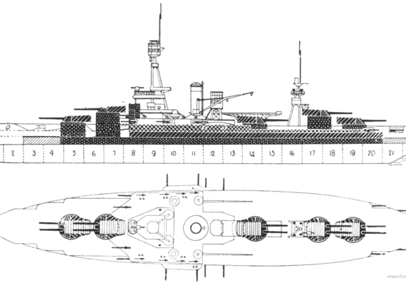 Боевой корабль USS BB-35 Texas - чертежи, габариты, рисунки