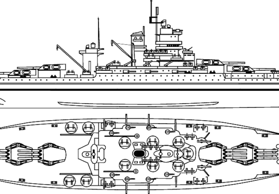 Боевой корабль USS BB-40 New Mexico - чертежи, габариты, рисунки