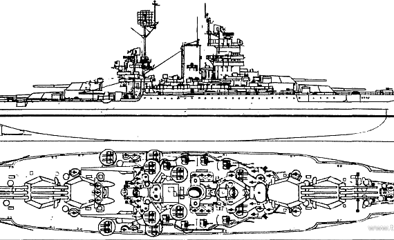 Боевой корабль USS BB-41 Mississippi (1944) - чертежи, габариты, рисунки