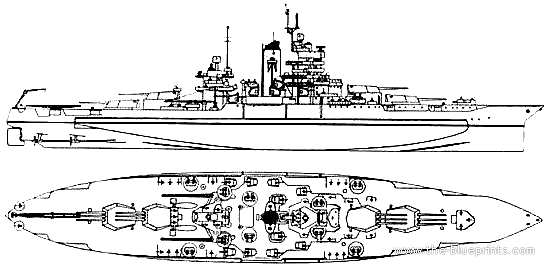 Боевой корабль USS BB-42 Idaho - чертежи, габариты, рисунки