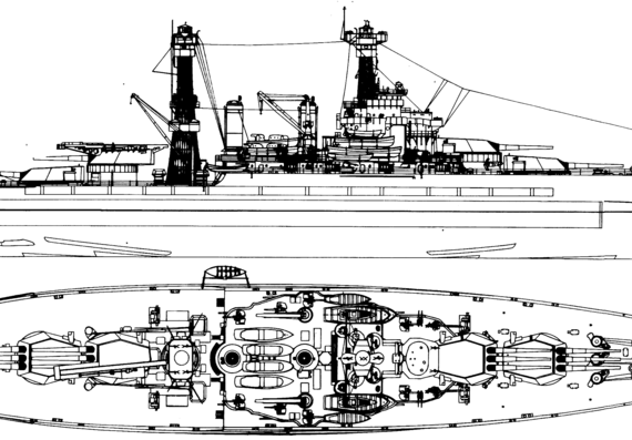 Боевой корабль USS BB-43 Tennessee 1935 (Battleship) - чертежи, габариты, рисунки